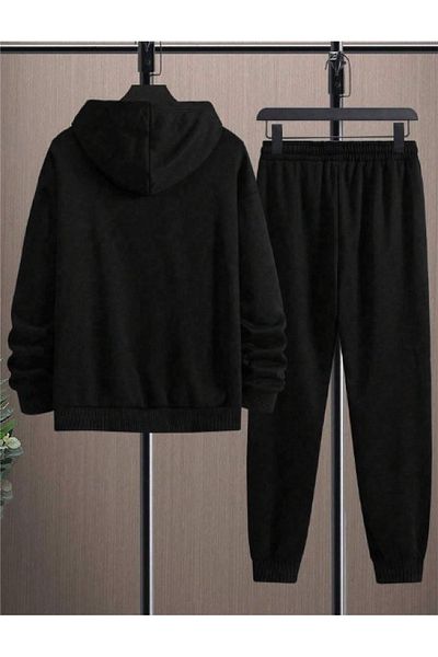 donamod Men's Black Letter Signature Kangaroo Pocket Hooded Tracksuit Set