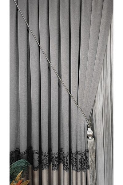 Yuka Panel Background Curtain Light Gray Mink and Black Striped Single Wing Close Pleated Jacquard Modern Patterned