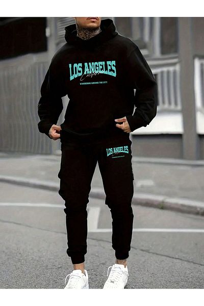 donamod Men's Black Los Angeles Kangaroo Pocket Hooded Tracksuit Set