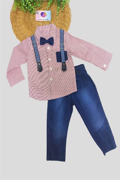 dinamik çocuk Shirt Suit with Bow Tie Suspenders and Jeans