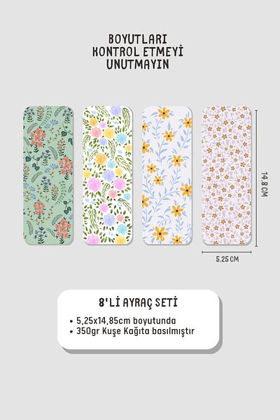 Eldesen Tasarım Flower Themed 8-Piece Bookmark Set - 5.25X14.85Cm Size, Thin
