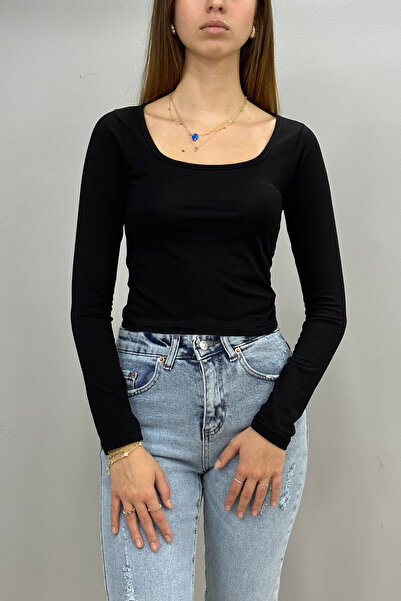 Tam Moda Kadın U Yaka Uzun Kol BODY Likralı Pamuklu