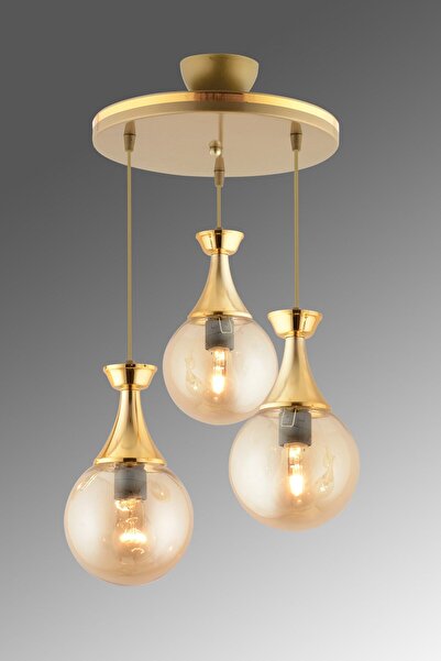 KUZEY AYDINLATMA Minel 3 Lü Sarkıt Tepsi Eskitmeye Gold Yaldızlı Glop Camlı Avize