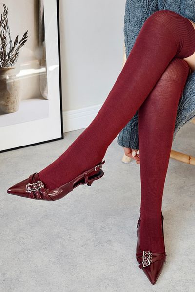 POLKA STORE Pantofi de damă Candy cu vârf ascuțit Capsule cu cataramă cu trei dungi burgundă din piele lacuită cu toc