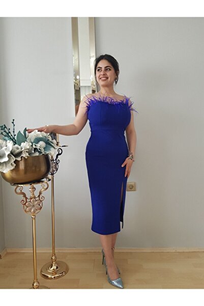 FERGAN women's cobalt blue strapless feather detailed midi evening dress