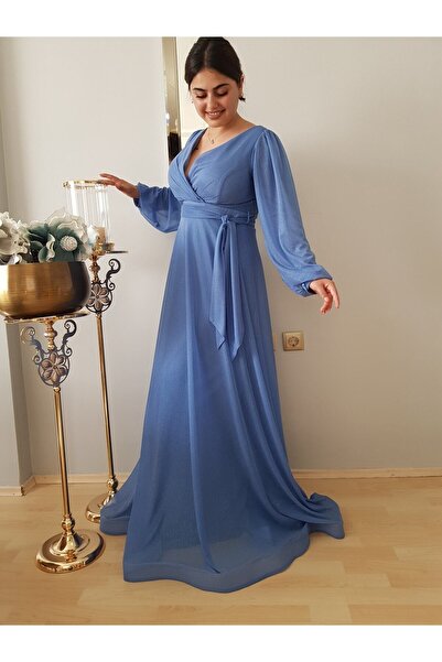 FERGAN Indigo Chiffon Double Breasted Collar Evening Dress