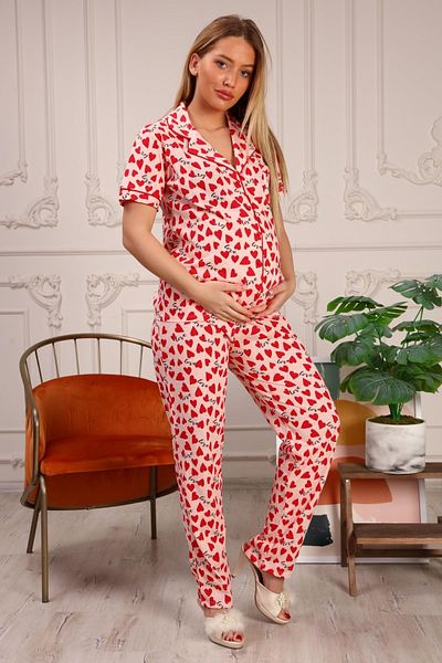 LadyMina Pijama طقم بيجامة قطنية ممشطة للحوامل والأمومة باللون الأحمر - طقم قلب مكون من قطعتين