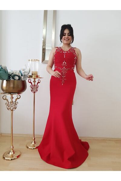 FERGAN فستان سهرة نسائي مزين بالأحجار الحمراء وذيل السمكة