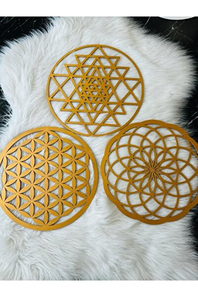 Zeyn 3LÜ PİLEKSİ AHŞAP KESİM DEKORATİF YAŞAM ÇİÇEĞİ VE SRİ YANTTRA SEMBOLÜ DUVAR SÜSÜ