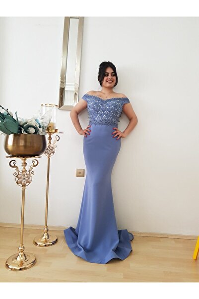 FERGAN فستان سهرة نسائي بتصميم كاياك روك ستون مطرز باللون النيلي