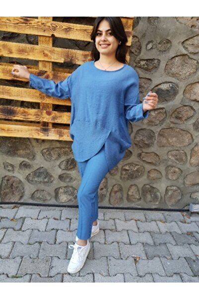 FERGAN طقم تونيك نسائي من الكتان المزدوج بنطلون نيلي
