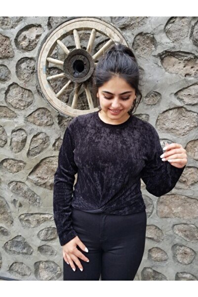 FERGAN Kadın Siyah Kadife Crop Bluz
