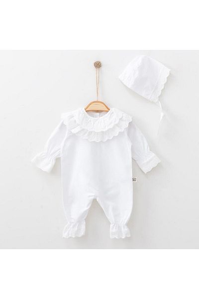 Minimus Newborn Baby Girl Rosa Rompers Set Terikoton Lace Lora Hat Woven Baby Set Ecru