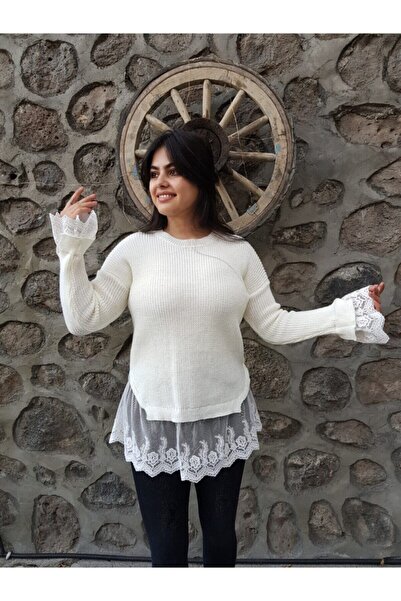 FERGAN Kadın Ekru Güpür Kol Triko Kazak