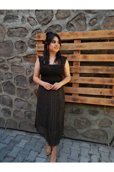 FERGAN Kadın Siyah Puantiyeli Piliseli Etek