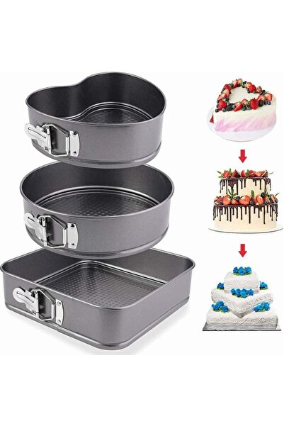greenmakina Kelepçeli Yuvarlak Kalp Kare Şekilli 3lü Teflon Pandispanya Kek Kalıbı,Altıçıkan Teflon Pasta Kalıbı