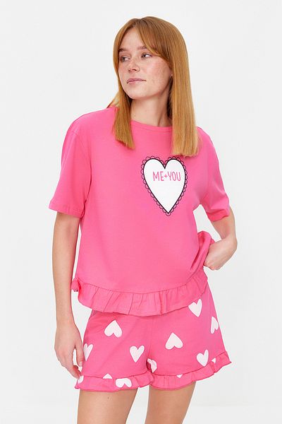 Trendyol Collection Detail srdíčkového volánku Růžové bavlněné šortky Pyžamo Set - THMSS21PT0467
