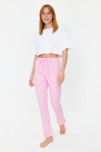 Trendyol Collection Rózsaszín virágos pamut kötött pizsama alsó THMSS23PJ00005