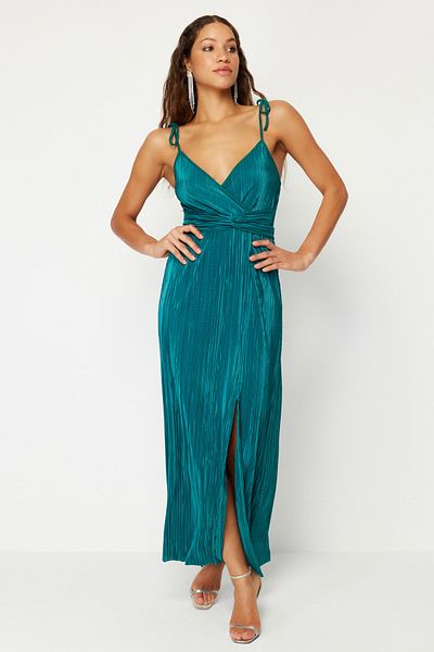 Trendyol Collection Σμαραγδένιο Πράσινο Πλισέ Βραδινό Φόρεμα - A-cut, ζωσμένο και με φόδρα TPRSS24EL00093