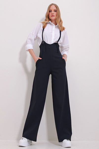 Trend Alaçatı Stili Marineblauer Lycra-Overall mit zwei Taschen und Riemchen für Damen ALC-X11539