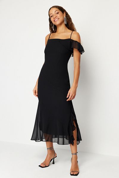 Trendyol Collection Black Chiffon Flounce Evening Dress - TPRSS24EL00076