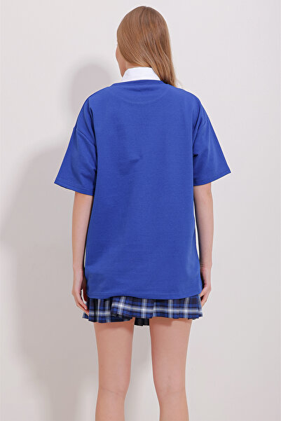 Trend Alaçatı Stili Women's Saks Two Thread Oversize Unisex T-Shirt ALC-X11508