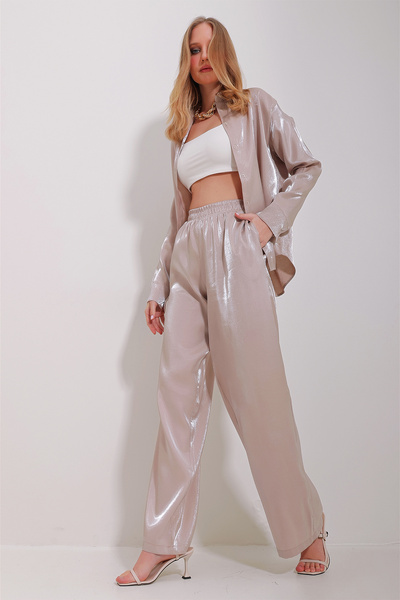 Trend Alaçatı Stili Dámské béžové lesklé tkané oversize kalhoty ALC-X11493