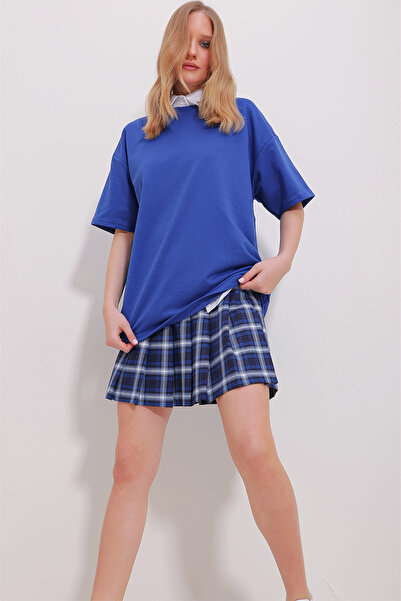 Trend Alaçatı Stili Women's Saks Two Thread Oversize Unisex T-Shirt ALC-X11508