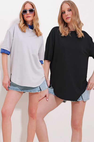 Trend Alaçatı Stili Women's Black Gray Crew Neck 2 Pack Oval Cut Modal T-Shirt ALC-X11544