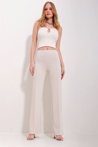 Trend Alaçatı Stili Cremefarbene Palazzo-Hose aus Lycra-Modal mit Nähten für Damen ALC-X11514