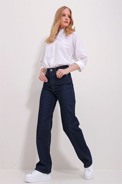 Trend Alaçatı Stili Dunkelmarineblaue Palazzo-Hose für Damen mit hoher Taille, 5 Taschen und weitem Bein ALC-X11470