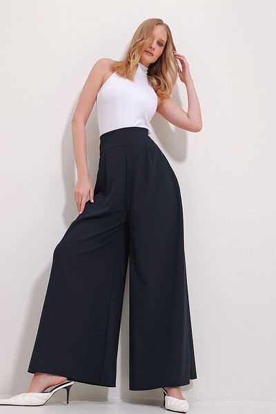 Trend Alaçatı Stili Dámské námořnické modré tkané kalhoty s vysokým pasem na zip se širokými nohavicemi ALC-X11491