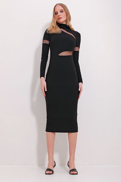 Trend Alaçatı Stili Schwarzes Midikleid mit Stehkragen und Tülldetail für Damen ALC-X11495