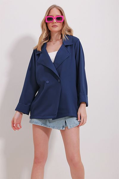 Trend Alaçatı Stili Women's Navy Blue Double Breasted Collar Buttoned Double Sleeve Atlas Jacket ALC-X11536