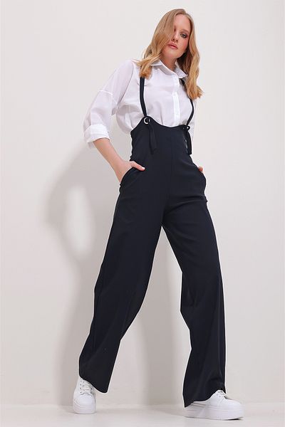 Trend Alaçatı Stili Marineblauer Lycra-Overall mit zwei Taschen und Riemchen für Damen ALC-X11539