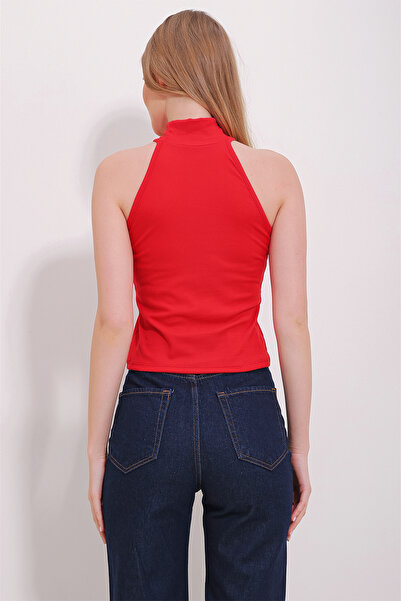 Trend Alaçatı Stili Kadın Kırmızı Dik Yaka Halter Kollu Kaşkorse Bluz ALC-X11497