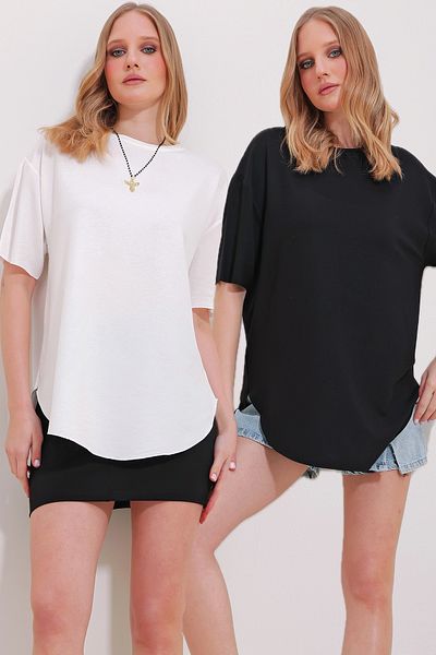 Trend Alaçatı Stili Women's Black and White Crew Neck 2-Pack Oval Cut Modal T-Shirt ALC-X11544