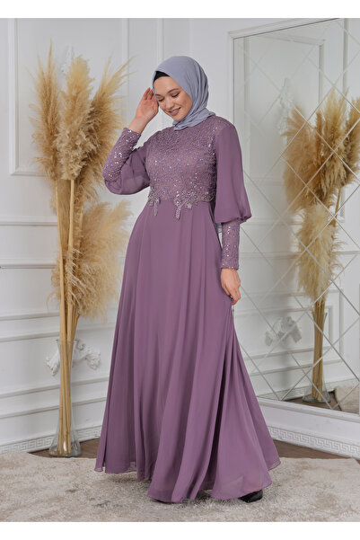 poplinmoda فستان سهرة حجاب مزين بالترتر - 2090