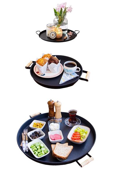 TOPTANFONİ 3 Pieces (51, 37, 24 CM) Metal Tray with Wooden Handles Tea Tray Coffee Tray Presentation Tray Set Black