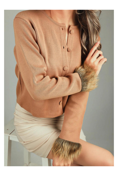 BERNEO Women's Plush Fur Detailed Knitwear Jacket Cardigan