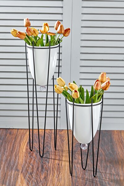 Tasarım Evi Siyah Renkli 2'li Büyük Ayaklı Vazo, Çiçeklik, Saksılık