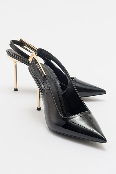 LuviShoes حذاء نسائي بكعب عالٍ بإبزيم من الجلد الأسود اللامع من LABIN