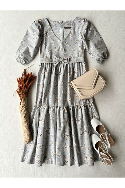 KÜÇÜĞÜM BUTİK Women's Spring Branch Gray Color V-collar Layered Poplin Dress