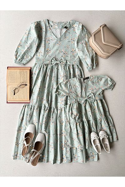 KÜÇÜĞÜM BUTİK Φόρεμα Water Green Spring Branch Mother-Daughter Combined Poplin Layered φόρεμα