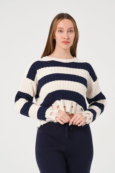 PUNKY CAT Women's Navy Blue Ecru Striped Crew Neck Knitwear Sweater