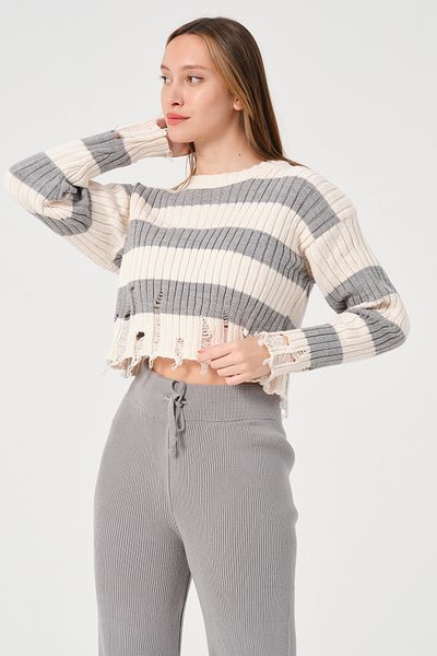 PUNKY CAT Women's Gray Ecru Striped Crew Neck Sweater