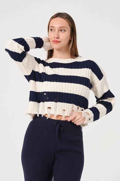 PUNKY CAT Women's Navy Blue Ecru Striped Crew Neck Knitwear Sweater