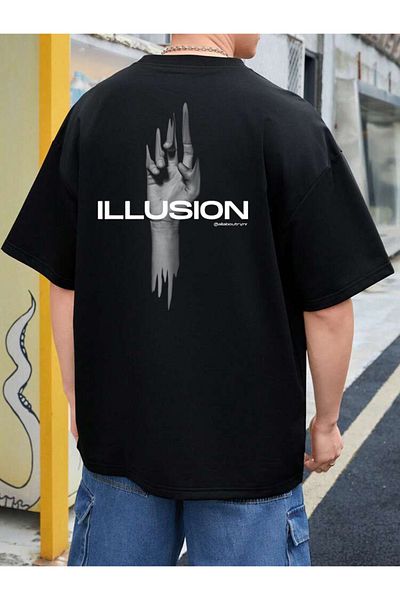 DEEPSENCE Unisex ILLUSION back Printed Oversize Black T-shirt