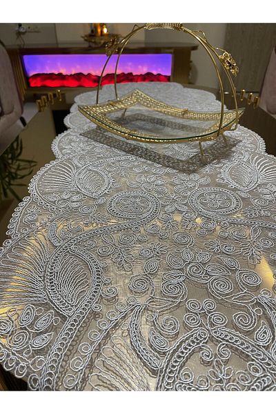 Tekstilsa Luxury Runner Salon Room Τραπεζάκι σαλονιού Τραπεζομάντιλο Γαλλικό Δαντελένιο Προίκα (ΓΚΡΙ) 1τμχ New Runner (133X45CM)
