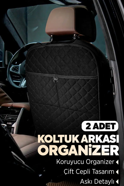 TORPEDO Tay Tüyü Kapitone Oto Koltuk Arkası Koruyucu Organizer - Araç İçi Organizeri Siyah 2 Adet